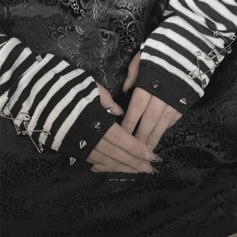 Spiked & Striped Fingerless Gloves - Goth Mall