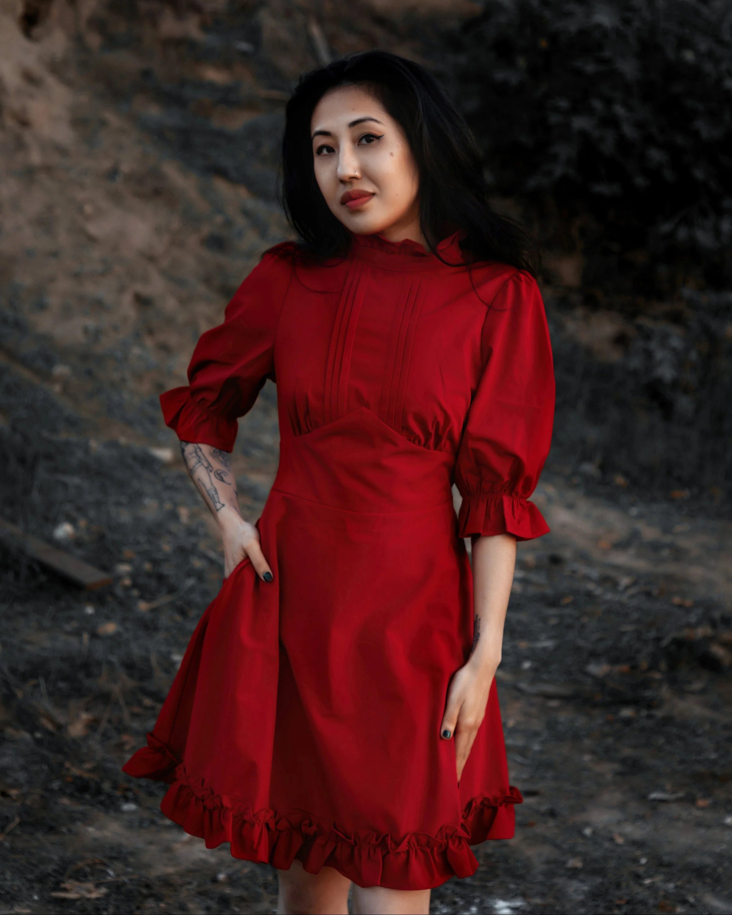 white christmas dresses Solid Color Two-Wear Off-The-Shoulder Lantern Sleeve Metal Chain Waistband Irregular Hem Gothic Lolita Long-Sleeved Dress main image 1