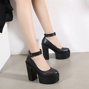 The Dolly Buckle Chunky High Heels - Goth Mall