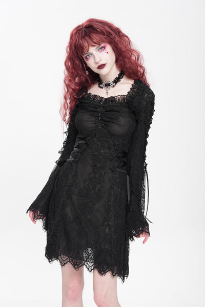 black gothic dress with sleeves Black Cotton Maxi Dress: Royalcore Gothic Bell Sleeve Ruffle Lace
