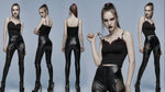 Five views of a gothic model wearing a black bat design lace-up camisole top and black leather-look distressed leggings with sheer side panels