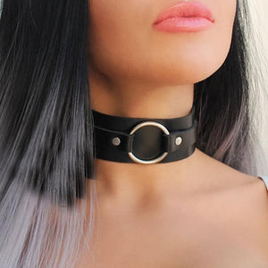 Wide large black elastic choker necklace for women, choker collar with o  ring