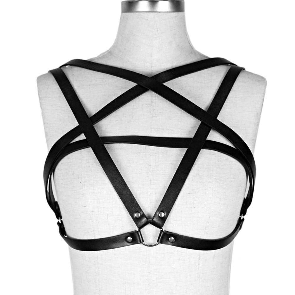Dark Blue Leather Cage Bra, Genuine Leather Chest Harness, Leather