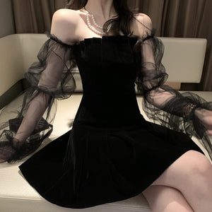 Black Gothic Mini Dress for Women / Sexy Off Shoulder Dress / Punk Rock Dress with Long Sleeve Black Gothic Mini Dress for Women / Sexy Off Shoulder Dress / Punk Rock Dress with Long Sleeve