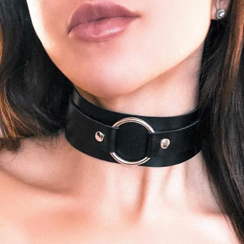 Wide large black elastic choker necklace for women, choker collar with o  ring