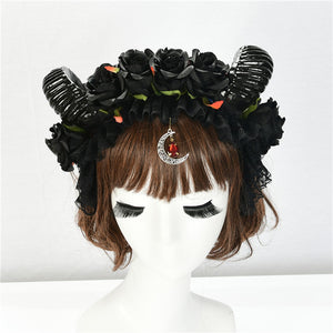 Black Rose Ram Horns Hairpiece - Goth Mall