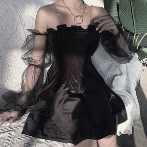 Black Gothic Mini Dress for Women / Sexy Off Shoulder Dress / Punk Rock Dress with Long Sleeve Black Gothic Mini Dress for Women / Sexy Off Shoulder Dress / Punk Rock Dress with Long Sleeve