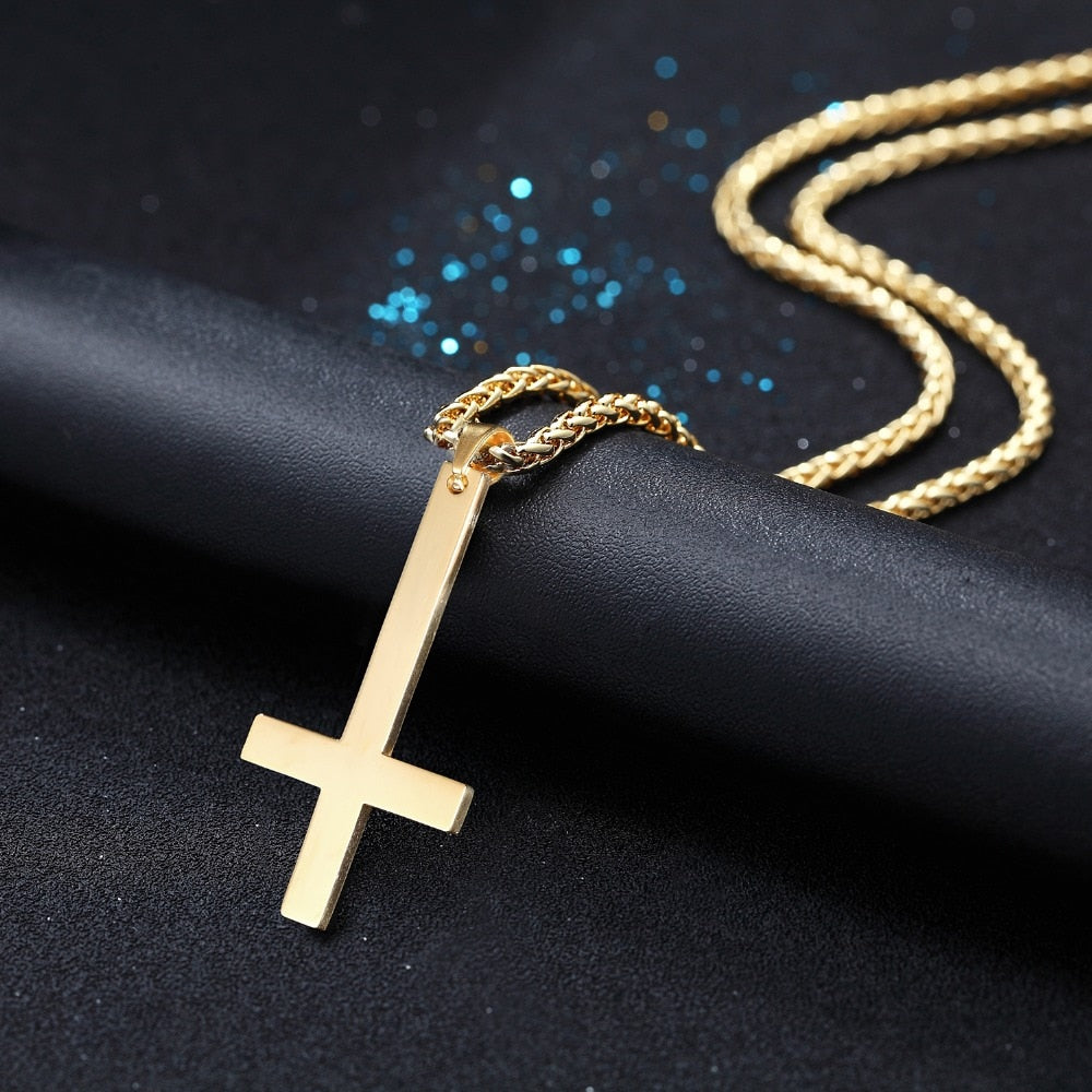 Cool Punk Upside Down Inverted Cross Satan David Star Pendant Necklaces for  Men,Vintage Cuban Chain Collar Gifts Jewelry