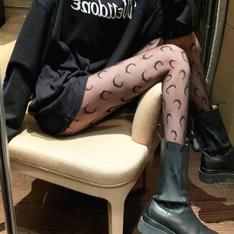 Moon Pattern Black Womens Tiktok Pantyhose With Fashionable Letter Print  For Night Club And Sexy Ladies Long Stockings From Hregh, $24.57