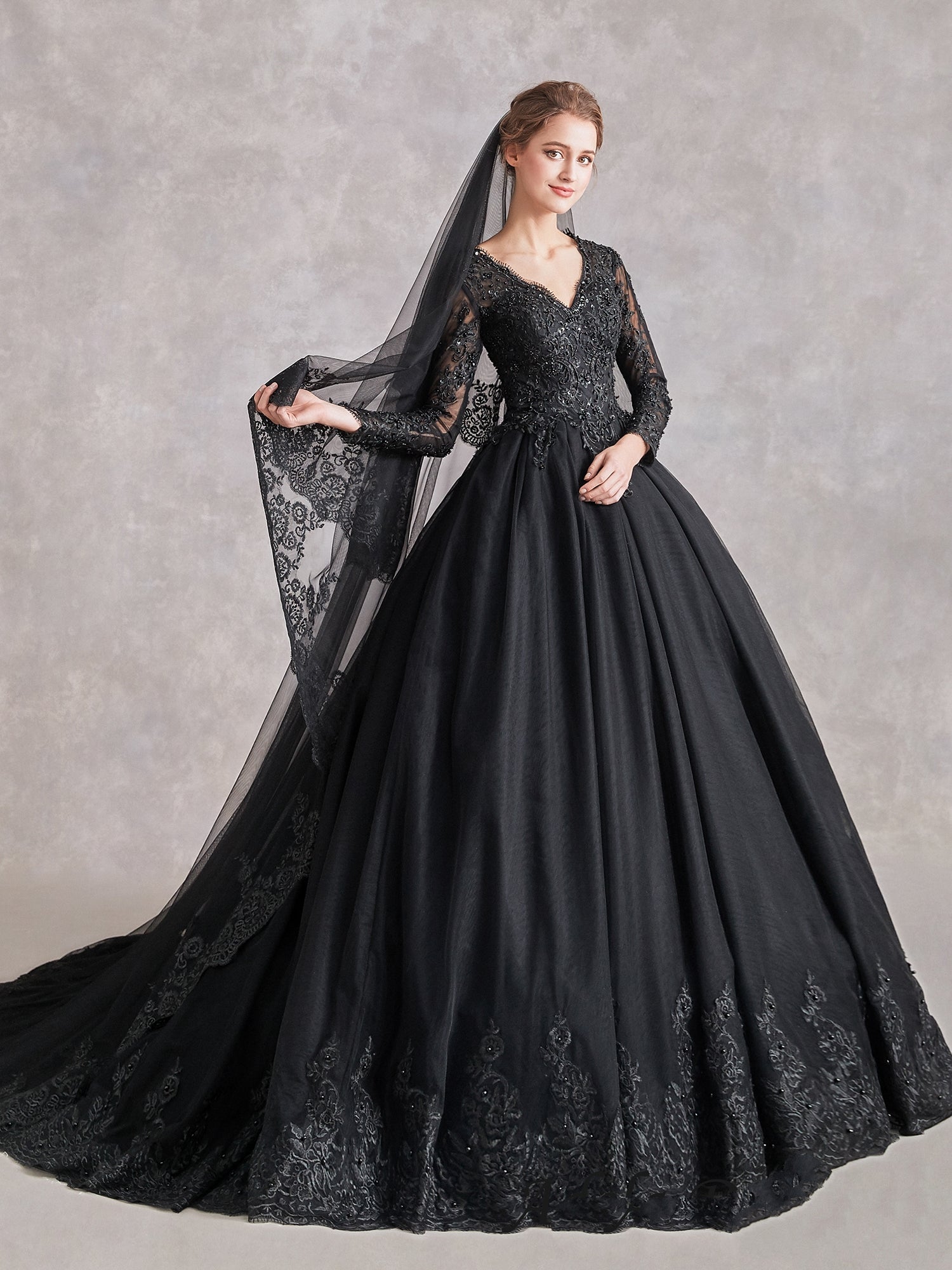Black Gothic Wedding Dress Long Sleeves Applique Tiered Skirt Off Shoulder  V-neck Alternative Bridal Gown – Yelure UK