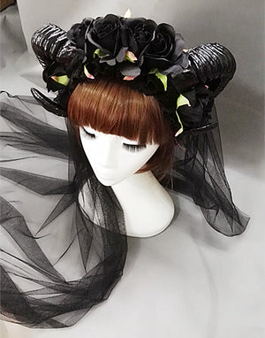 Black Rose Ram Horns Hairpiece - Goth Mall