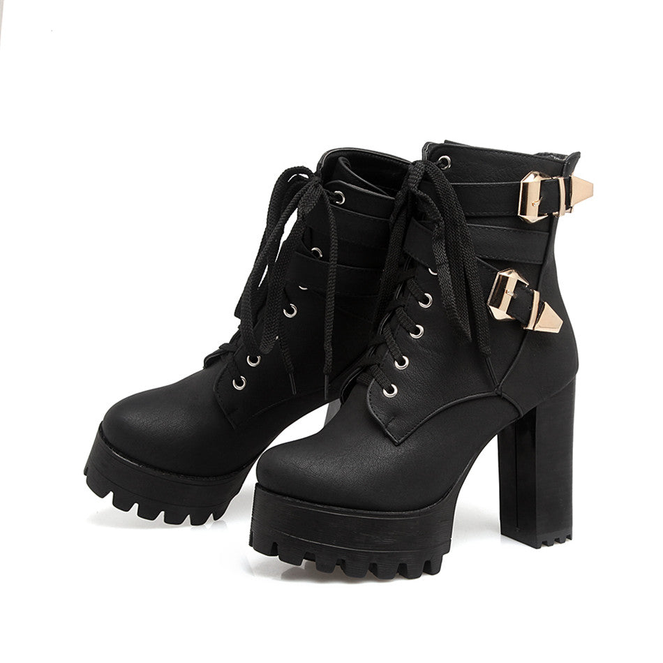 Buckle Lace Up Chunky Hiker Boots