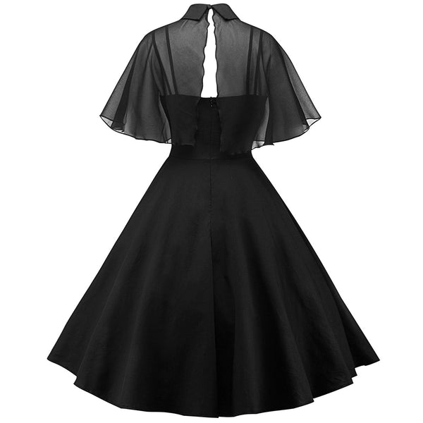 Women`s 1950s Sweetheart Neckline Black Party Dress With Chiffon Cloak Black / Large Women`s 1950s Sweetheart Neckline Black Party Dress With Chiffon Cloak Black / Large