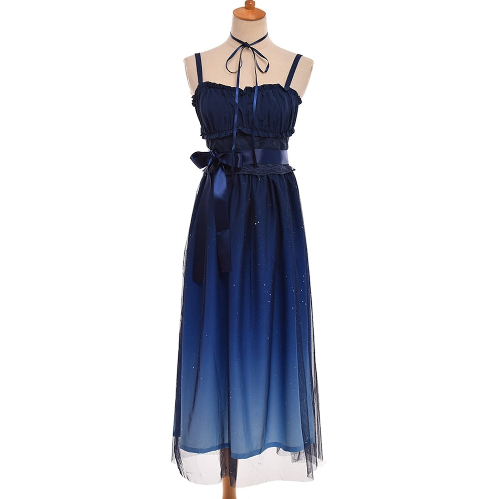 starry night dress Van Gogh dreamy long Galartsy painted like the night sky with glittery silver stars and ivory pearls Step into the stars with